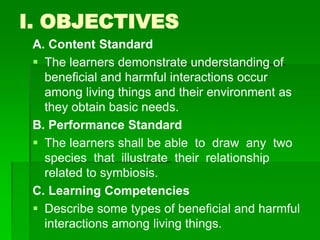 I. OBJECTIVES
A. Content Standard
 The learners demonstrate understanding of
beneficial and harmful interactions occur
among living things and their environment as
they obtain basic needs.
B. Performance Standard
 The learners shall be able to draw any two
species that illustrate their relationship
related to symbiosis.
C. Learning Competencies
 Describe some types of beneficial and harmful
interactions among living things.
 