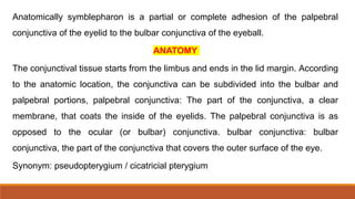 Anatomically symblepharon is a partial or complete adhesion of the palpebral
conjunctiva of the eyelid to the bulbar conjunctiva of the eyeball.
ANATOMY
The conjunctival tissue starts from the limbus and ends in the lid margin. According
to the anatomic location, the conjunctiva can be subdivided into the bulbar and
palpebral portions, palpebral conjunctiva: The part of the conjunctiva, a clear
membrane, that coats the inside of the eyelids. The palpebral conjunctiva is as
opposed to the ocular (or bulbar) conjunctiva. bulbar conjunctiva: bulbar
conjunctiva, the part of the conjunctiva that covers the outer surface of the eye.
Synonym: pseudopterygium / cicatricial pterygium
 