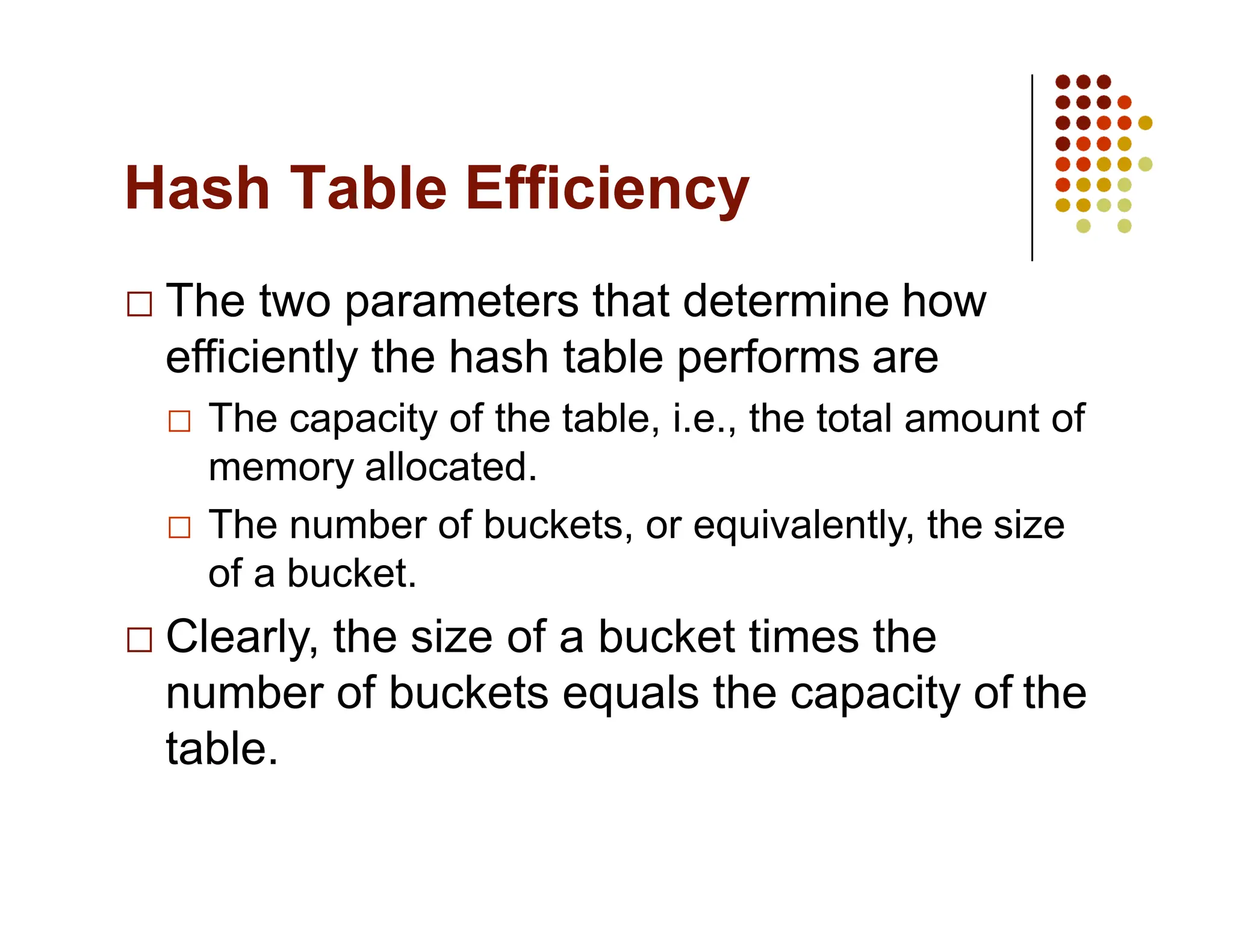 Hash Table Efficiency
The two parameters that determine how
efficiently the hash table performs are
The capacity of the table, i.e., the total amount of
memory allocated.
The number of buckets, or equivalently, the size
of a bucket.
Clearly, the size of a bucket times the
number of buckets equals the capacity of the
table.
 