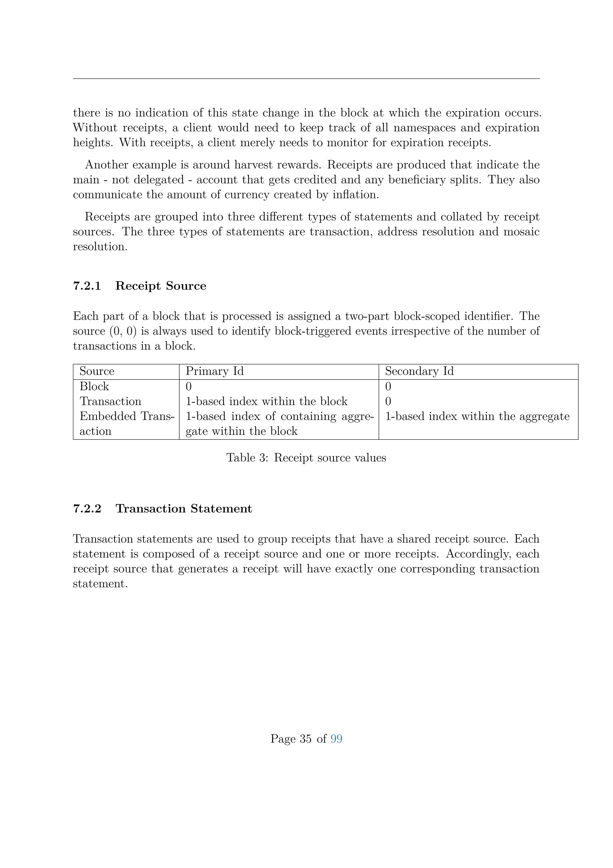 there is no indication of this state change in the block at which the expiration occurs.
Without receipts, a client would need to keep track of all namespaces and expiration
heights. With receipts, a client merely needs to monitor for expiration receipts.
Another example is around harvest rewards. Receipts are produced that indicate the
main - not delegated - account that gets credited and any beneﬁciary splits. They also
communicate the amount of currency created by inﬂation.
Receipts are grouped into three diﬀerent types of statements and collated by receipt
sources. The three types of statements are transaction, address resolution and mosaic
resolution.
7.2.1 Receipt Source
Each part of a block that is processed is assigned a two-part block-scoped identiﬁer. The
source (0, 0) is always used to identify block-triggered events irrespective of the number of
transactions in a block.
Source Primary Id Secondary Id
Block 0 0
Transaction 1-based index within the block 0
Embedded Trans-
action
1-based index of containing aggre-
gate within the block
1-based index within the aggregate
Table 3: Receipt source values
7.2.2 Transaction Statement
Transaction statements are used to group receipts that have a shared receipt source. Each
statement is composed of a receipt source and one or more receipts. Accordingly, each
receipt source that generates a receipt will have exactly one corresponding transaction
statement.
Page 35 of 99
 