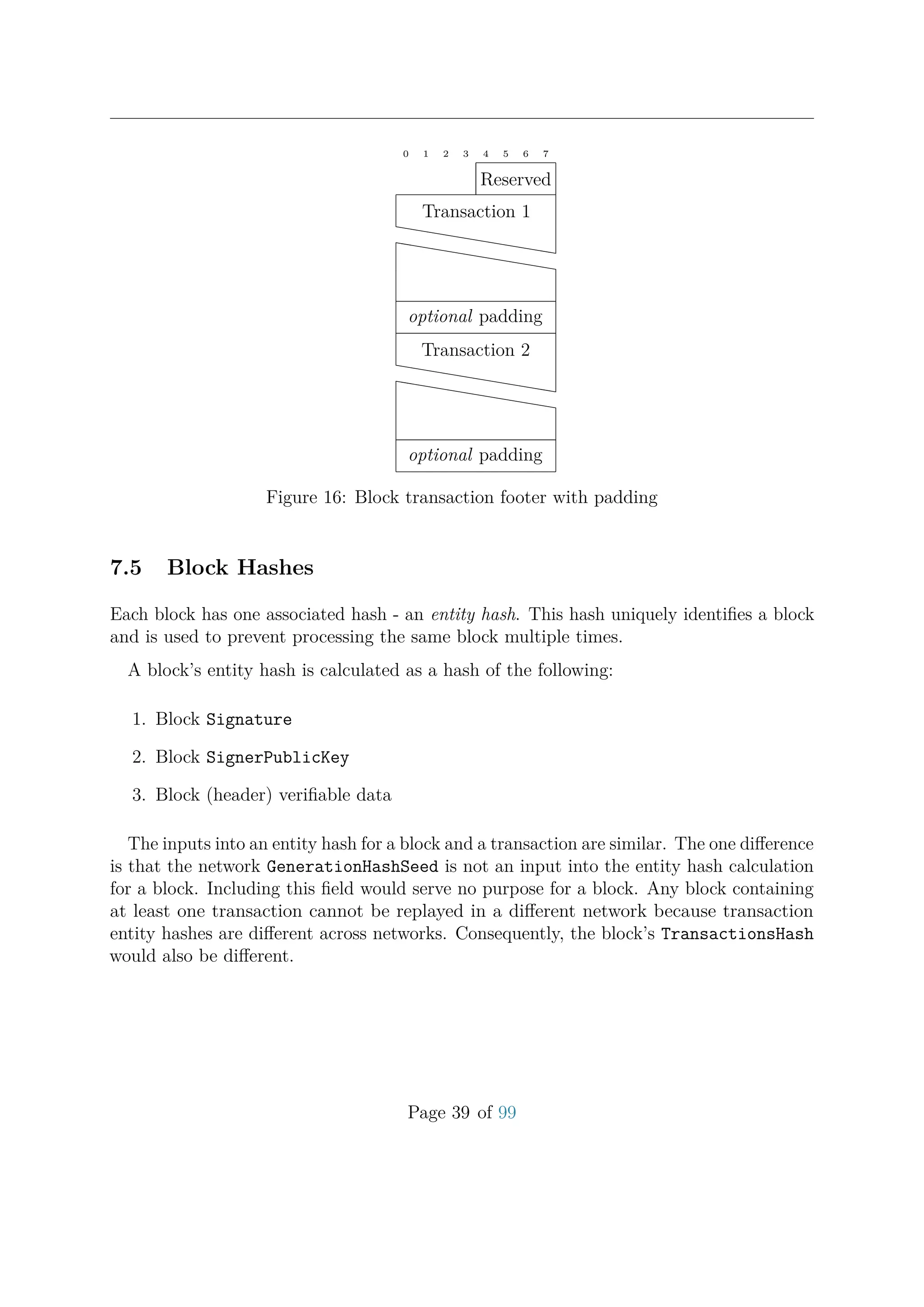 0 1 2 3 4 5 6 7
Reserved
Transaction 1
hhhhhhhhhhh
hhhhhhhhhhh
optional padding
Transaction 2
hhhhhhhhhhh
hhhhhhhhhhh
optional padding
Figure 16: Block transaction footer with padding
7.5 Block Hashes
Each block has one associated hash - an entity hash. This hash uniquely identiﬁes a block
and is used to prevent processing the same block multiple times.
A block’s entity hash is calculated as a hash of the following:
1. Block Signature
2. Block SignerPublicKey
3. Block (header) veriﬁable data
The inputs into an entity hash for a block and a transaction are similar. The one diﬀerence
is that the network GenerationHashSeed is not an input into the entity hash calculation
for a block. Including this ﬁeld would serve no purpose for a block. Any block containing
at least one transaction cannot be replayed in a diﬀerent network because transaction
entity hashes are diﬀerent across networks. Consequently, the block’s TransactionsHash
would also be diﬀerent.
Page 39 of 99
 