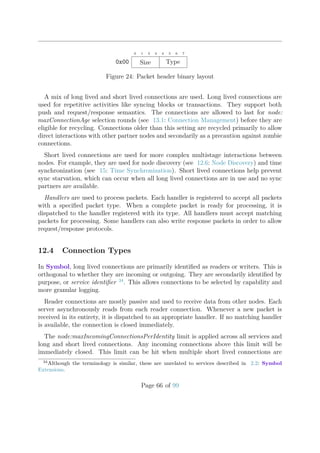 0 1 2 3 4 5 6 7
Size Type0x00
Figure 24: Packet header binary layout
A mix of long lived and short lived connections are used. Long lived connections are
used for repetitive activities like syncing blocks or transactions. They support both
push and request/response semantics. The connections are allowed to last for node:
maxConnectionAge selection rounds (see 13.1: Connection Management) before they are
eligible for recycling. Connections older than this setting are recycled primarily to allow
direct interactions with other partner nodes and secondarily as a precaution against zombie
connections.
Short lived connections are used for more complex multistage interactions between
nodes. For example, they are used for node discovery (see 12.6: Node Discovery) and time
synchronization (see 15: Time Synchronization). Short lived connections help prevent
sync starvation, which can occur when all long lived connections are in use and no sync
partners are available.
Handlers are used to process packets. Each handler is registered to accept all packets
with a speciﬁed packet type. When a complete packet is ready for processing, it is
dispatched to the handler registered with its type. All handlers must accept matching
packets for processing. Some handlers can also write response packets in order to allow
request/response protocols.
12.4 Connection Types
In Symbol, long lived connections are primarily identiﬁed as readers or writers. This is
orthogonal to whether they are incoming or outgoing. They are secondarily identiﬁed by
purpose, or service identiﬁer 34
. This allows connections to be selected by capability and
more granular logging.
Reader connections are mostly passive and used to receive data from other nodes. Each
server asynchronously reads from each reader connection. Whenever a new packet is
received in its entirety, it is dispatched to an appropriate handler. If no matching handler
is available, the connection is closed immediately.
The node:maxIncomingConnectionsPerIdentity limit is applied across all services and
long and short lived connections. Any incoming connections above this limit will be
immediately closed. This limit can be hit when multiple short lived connections are
34
Although the terminology is similar, these are unrelated to services described in 2.2: Symbol
Extensions.
Page 66 of 99
 