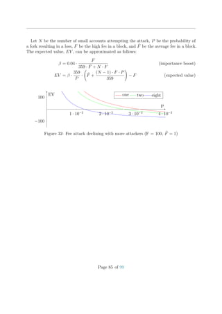 Let N be the number of small accounts attempting the attack, P be the probability of
a fork resulting in a loss, F be the high fee in a block, and ¯F be the average fee in a block.
The expected value, EV , can be approximated as follows:
β = 0.04 ·
F
359 · ¯F + N · F
(importance boost)
EV = β ·
359
P
· ¯F +
(N − 1) · F · P
359
− F (expected value)
1 · 10−2
2 · 10−2
3 · 10−2
4 · 10−2
−100
100
P
EV one two eight
Figure 32: Fee attack declining with more attackers (F = 100, ¯F = 1)
Page 85 of 99
 