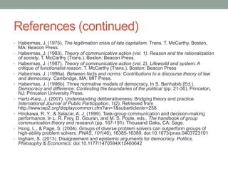 References (continued)
• Habermas, J. (1975). The legitimation crisis of late capitalism. Trans. T. McCarthy. Boston,
•
•
•
•

•

•

•
•

MA: Beacon Press.
Habermas, J. (1983). Theory of communicative action (vol. 1). Reason and the rationalization
of society. T. McCarthy (Trans.). Boston: Beacon Press.
Habermas, J. (1987). Theory of communicative action (vol. 2). Lifeworld and system: A
critique of functionalist reason. T. McCarthy (Trans.). Boston: Beacon Press
Habermas, J. (1996a). Between facts and norms: Contributions to a discourse theory of law
and democracy. Cambridge, MA: MIT Press.
Habermas, J. (1996b). Three normative models of democracy. In S. Benhabib (Ed.),
Democracy and difference: Contesting the boundaries of the political (pp. 21-30). Princeton,
NJ: Princeton University Press.
Hartz-Karp, J. (2007). Understanding deliberativeness: Bridging theory and practice.
International Journal of Public Participation, 1(2). Retrieved from
http://www.iap2.org/displaycommon.cfm?an=1&subarticlenbr=258
Hirokawa, R. Y., & Salazar, A. J. (1999). Task-group communication and decision-making
performance. In L. R. Frey, D. Gouran, and M. S. Poole, eds., The handbook of group
communication theory and research (pp. 167-191). Thousand Oaks, CA: Sage.
Hong, L., & Page, S. (2004). Groups of diverse problem solvers can outperform groups of
high-ability problem solvers. PNAS, 101(46), 16385-16389. doi:10.1073/pnas.0403723101
Ingham, S. (2013). Disagreement and epistemic arguments for democracy. Politics,
Philosophy & Economics. doi:10.1177/1470594X12460642

 