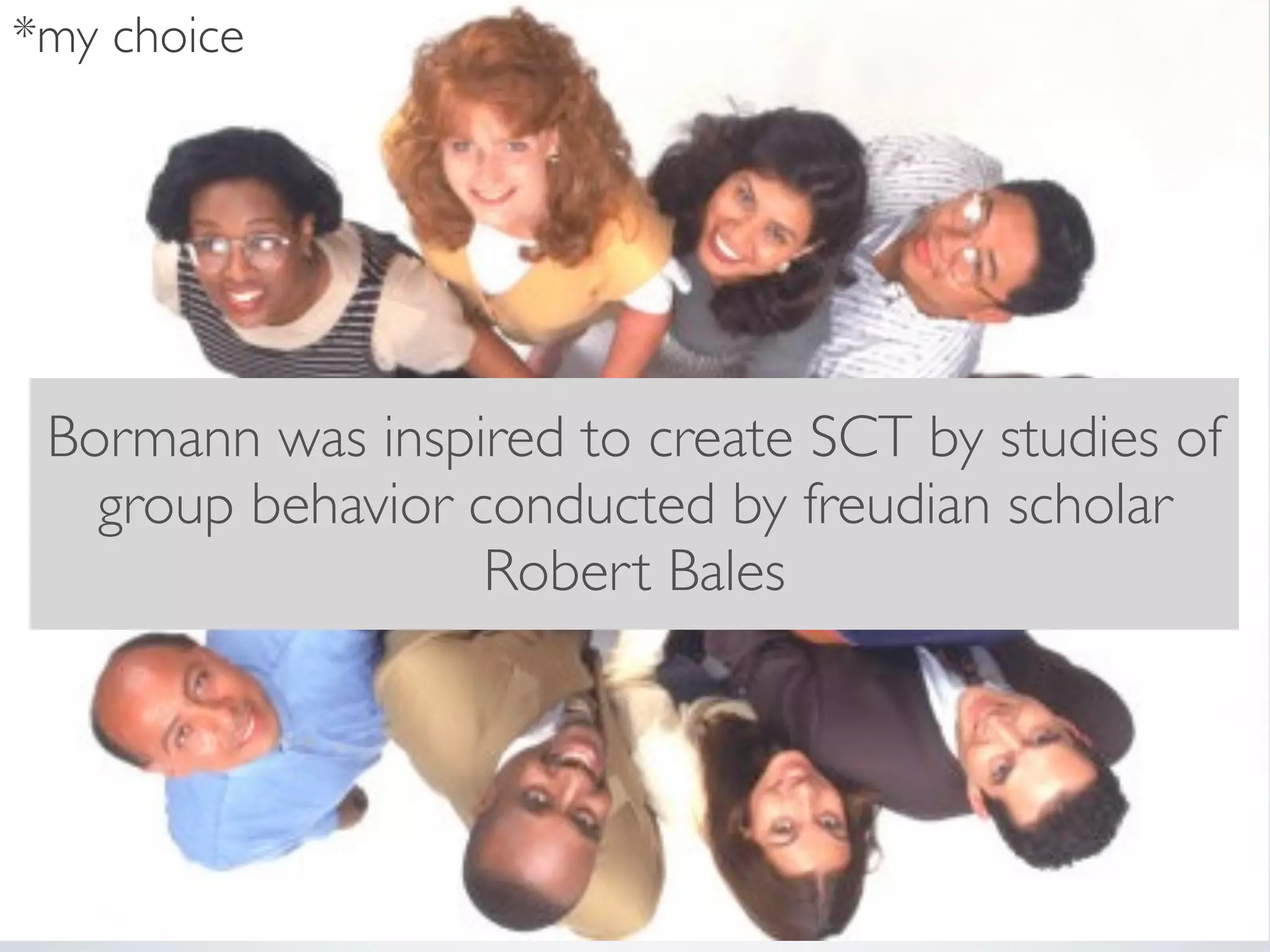 *my choice




 Bormann was inspired to create SCT by studies of
   group behavior conducted by freudian scholar
                   Robert Bales
 