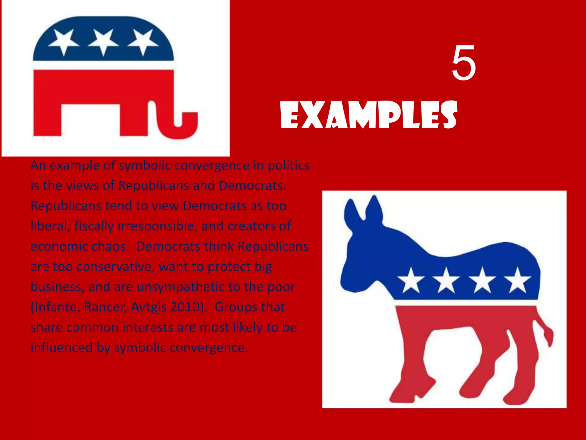 5
Examples
An example of symbolic convergence in politics
is the views of Republicans and Democrats.
Republicans tend to view Democrats as too
liberal, fiscally irresponsible, and creators of
economic chaos. Democrats think Republicans
are too conservative, want to protect big
business, and are unsympathetic to the poor
(Infante, Rancer, Avtgis 2010). Groups that
share common interests are most likely to be
influenced by symbolic convergence.
 