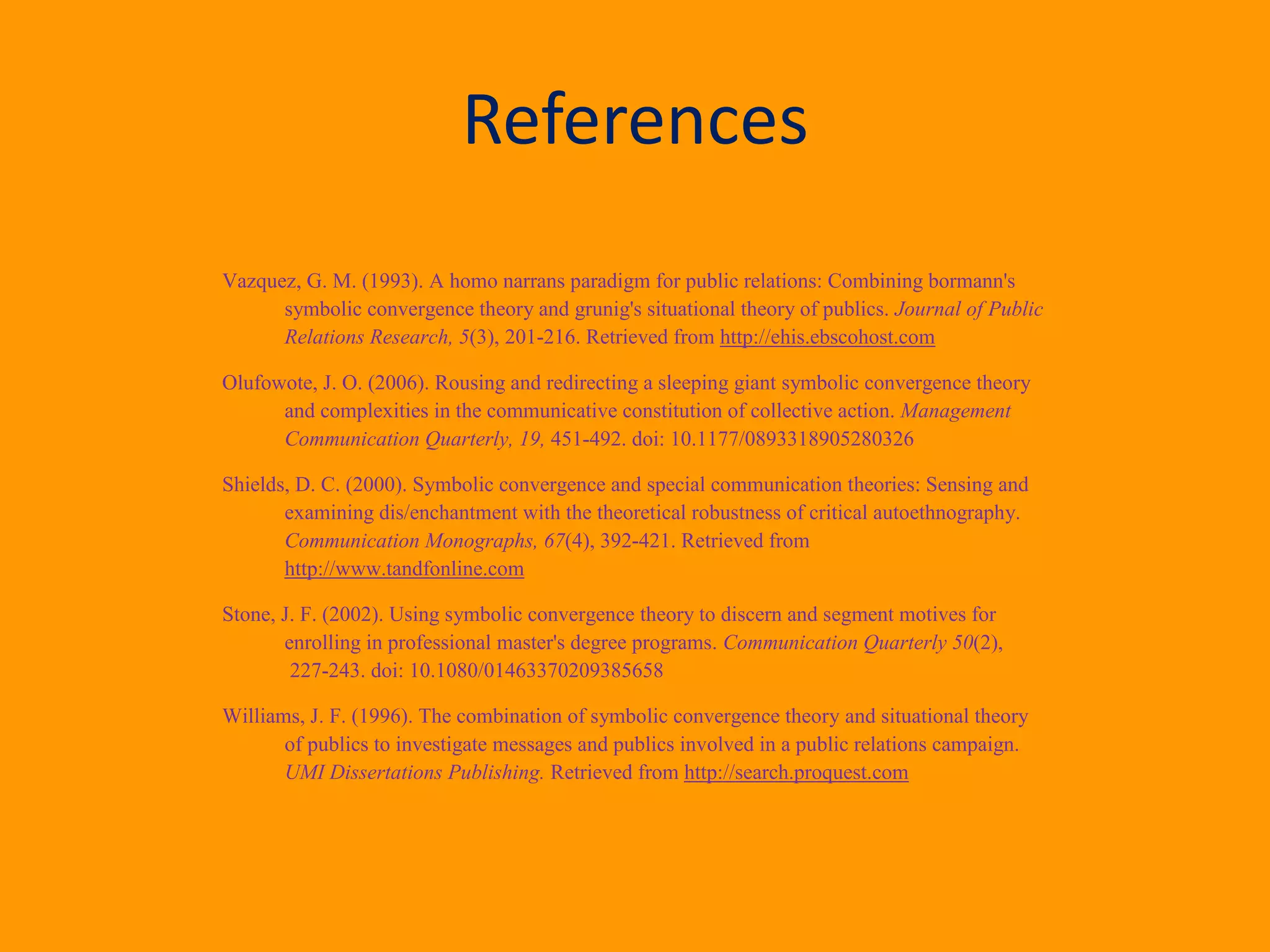 References
Vazquez, G. M. (1993). A homo narrans paradigm for public relations: Combining bormann's
symbolic convergence theory and grunig's situational theory of publics. Journal of Public
Relations Research, 5(3), 201-216. Retrieved from http://ehis.ebscohost.com
Olufowote, J. O. (2006). Rousing and redirecting a sleeping giant symbolic convergence theory
and complexities in the communicative constitution of collective action. Management
Communication Quarterly, 19, 451-492. doi: 10.1177/0893318905280326
Shields, D. C. (2000). Symbolic convergence and special communication theories: Sensing and
examining dis/enchantment with the theoretical robustness of critical autoethnography.
Communication Monographs, 67(4), 392-421. Retrieved from
http://www.tandfonline.com
Stone, J. F. (2002). Using symbolic convergence theory to discern and segment motives for
enrolling in professional master's degree programs. Communication Quarterly 50(2),
227-243. doi: 10.1080/01463370209385658
Williams, J. F. (1996). The combination of symbolic convergence theory and situational theory
of publics to investigate messages and publics involved in a public relations campaign.
UMI Dissertations Publishing. Retrieved from http://search.proquest.com
 