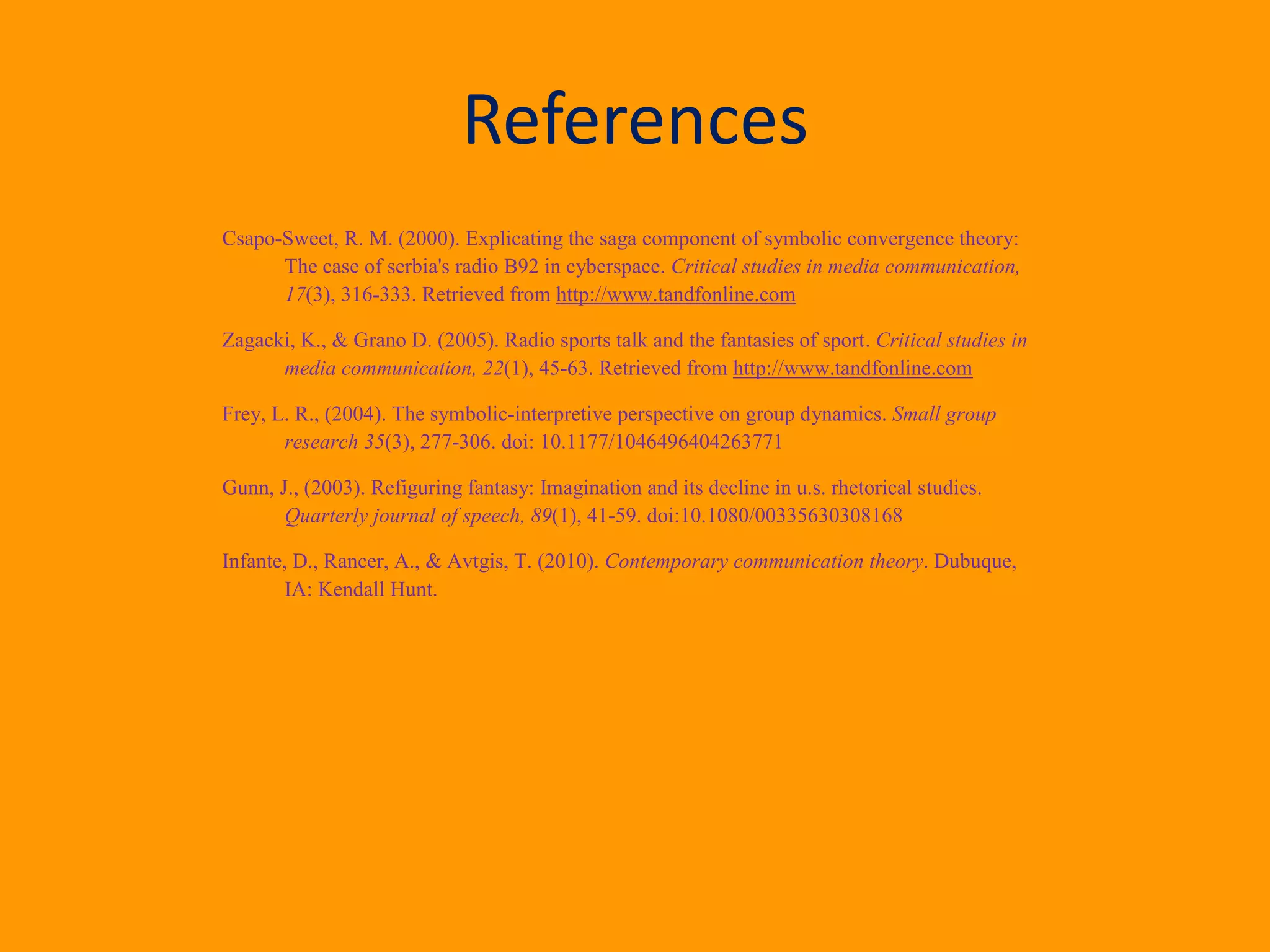 References
Csapo-Sweet, R. M. (2000). Explicating the saga component of symbolic convergence theory:
The case of serbia's radio B92 in cyberspace. Critical studies in media communication,
17(3), 316-333. Retrieved from http://www.tandfonline.com
Zagacki, K., & Grano D. (2005). Radio sports talk and the fantasies of sport. Critical studies in
media communication, 22(1), 45-63. Retrieved from http://www.tandfonline.com
Frey, L. R., (2004). The symbolic-interpretive perspective on group dynamics. Small group
research 35(3), 277-306. doi: 10.1177/1046496404263771
Gunn, J., (2003). Refiguring fantasy: Imagination and its decline in u.s. rhetorical studies.
Quarterly journal of speech, 89(1), 41-59. doi:10.1080/00335630308168
Infante, D., Rancer, A., & Avtgis, T. (2010). Contemporary communication theory. Dubuque,
IA: Kendall Hunt.
 