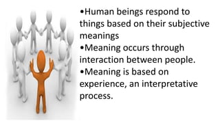 •Human beings respond to
things based on their subjective
meanings
•Meaning occurs through
interaction between people.
•Meaning is based on
experience, an interpretative
process.
 
