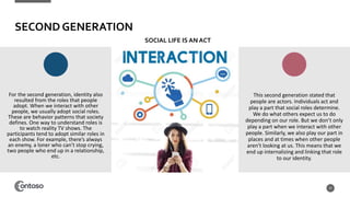SECOND GENERATION
For the second generation, identity also
resulted from the roles that people
adopt. When we interact with other
people, we usually adopt social roles.
These are behavior patterns that society
defines. One way to understand roles is
to watch reality TV shows. The
participants tend to adopt similar roles in
each show. For example, there’s always
an enemy, a loner who can’t stop crying,
two people who end up in a relationship,
etc.
27
This second generation stated that
people are actors. Individuals act and
play a part that social roles determine.
We do what others expect us to do
depending on our role. But we don’t only
play a part when we interact with other
people. Similarly, we also play our part in
places and at times when other people
aren’t looking at us. This means that we
end up internalizing and linking that role
to our identity.
SOCIAL LIFE IS AN ACT
 