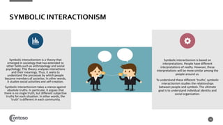 SYMBOLIC INTERACTIONISM
Symbolic interactionism is a theory that
emerged in sociology that has extended to
other fields such as anthropology and social
psychology. This theory analyzes interactions
and their meanings. Thus, it seeks to
understand the processes by which people
become members of societies. In other words,
it studies social activities and self-creation.
Symbolic interactionism takes a stance against
absolute truths. In particular, it argues that
there is no single truth, but different subjective
truths for each situation. In other words, the
‘truth’ is different in each community.
Symbolic interactionism is based on
interpretations. People have different
interpretations of reality. However, these
interpretations will be more similar among the
people around us.
To understand these different ‘truths’, symbolic
interactionism studies the relationships
between people and symbols. The ultimate
goal is to understand individual identity and
social organization.
43
 