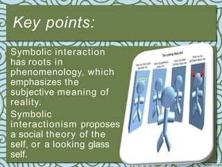 Key points:
• Symbolic interaction
has roots in
phenomenology, which
emphasizes the
subjective meaning of
reality.
• Symbolic
interactionism proposes
a social theory of the
self, or a looking glass
self.
 