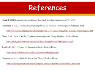 Bedek, F. (2013) symbolic interactionism. Retrieved from http://vimeo.com/59253255
Hernández, J. (n.d.). Teorías Modernas surgidas de las Escuelas Criminológicas. Retrieved from
http://www.pucpr.edu/facultad/jahernandez/crim_357_teorias_modernas_escuelas_criminologicas.pdf
Chihu, A. & López, A. (n.d.) El enfoque dramatúrgico en Erving Goffman. Retrieved from
http://www.juridicas.unam.mx/publica/librev/rev/polis/cont/20002/pr/pr14.pdf
Trujillo, C. (2011, Febrero 11) Etnometodología. Retrieved from
http://www.slideshare.net/carolinaluz/etnometodologia-grupal
Crossman, A. (n.d.). Symbolic Interaction Theory. Retrieved from
http://sociology.about.com/od/Sociological-Theory/a/Symbolic-Interaction-Theory.htm
 