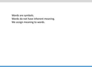Words are symbols. Words do not have inherent meaning. We assign meaning to words.  