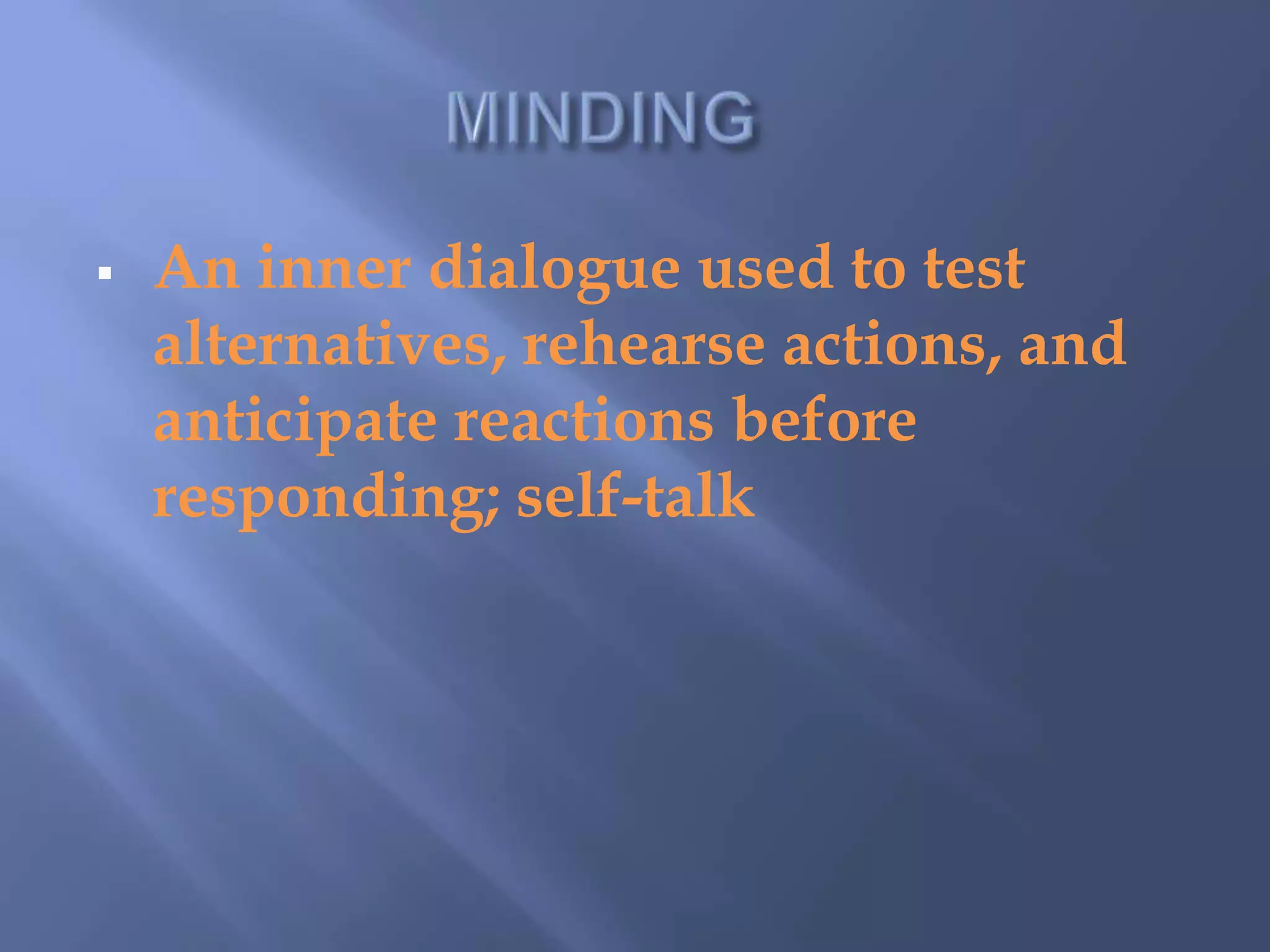 Looking-glass self		The mental self-image that results from taking the role of the other; the objective self; me. 