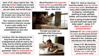 John 13:10- Jesus said to him, “He
who has bathed needs only to wash
his feet, but is completely clean; and
you are clean, but not all of you.”
Mark 7:2- and had seen that some of
His disciples were eating their bread
with impure hands, that is, unwashed.
Leviticus 16:4- He shall put on the
holy linen tunic, and the linen
undergarments shall be next to his
body, and he shall be girded with
the linen sash and attired with the
linen turban (these are holy
garments). Then he shall bathe his
body in water and put them on.
Blind Pharisee! First clean the
inside of the cup and dish, and
then the outside also will be
clean.- Matt 23:26
Mark 7:4 - And on returning
from the market, they do not eat
unless they wash. And there are
many other traditions for them
to observe, including the
washing of cups, pitchers,
kettles, and couches for dining.
Does a spring of water bubble
out with both fresh water and
bitter water? - James 3:11
Water is symbolic of
Consciousness!!!
Jeremiah 6:7 -As a well gushes
its water, so she pours out her
evil. Violence and destruction
resound in her; sickness and
wounds are ever before Me.
James 3:12 -My brothers,
can a fig tree grow olives,
or a grapevine bear figs?
Neither can a salt spring
produce fresh water.
The bath and water are
symbolic of the Conscious
state you are in!
Your conscious state of mind
from a belief is what you occupy
in your cubic reality, be it
accepted from external
presentations or your own
imagination.
 