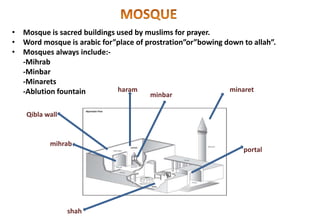 • Mosque is sacred buildings used by muslims for prayer.
• Word mosque is arabic for”place of prostration”or”bowing down to allah”.
• Mosques always include:-
-Mihrab
-Minbar
-Minarets
-Ablution fountain minaret
portal
haram
mihrab
minbar
Qibla wall
shah
 