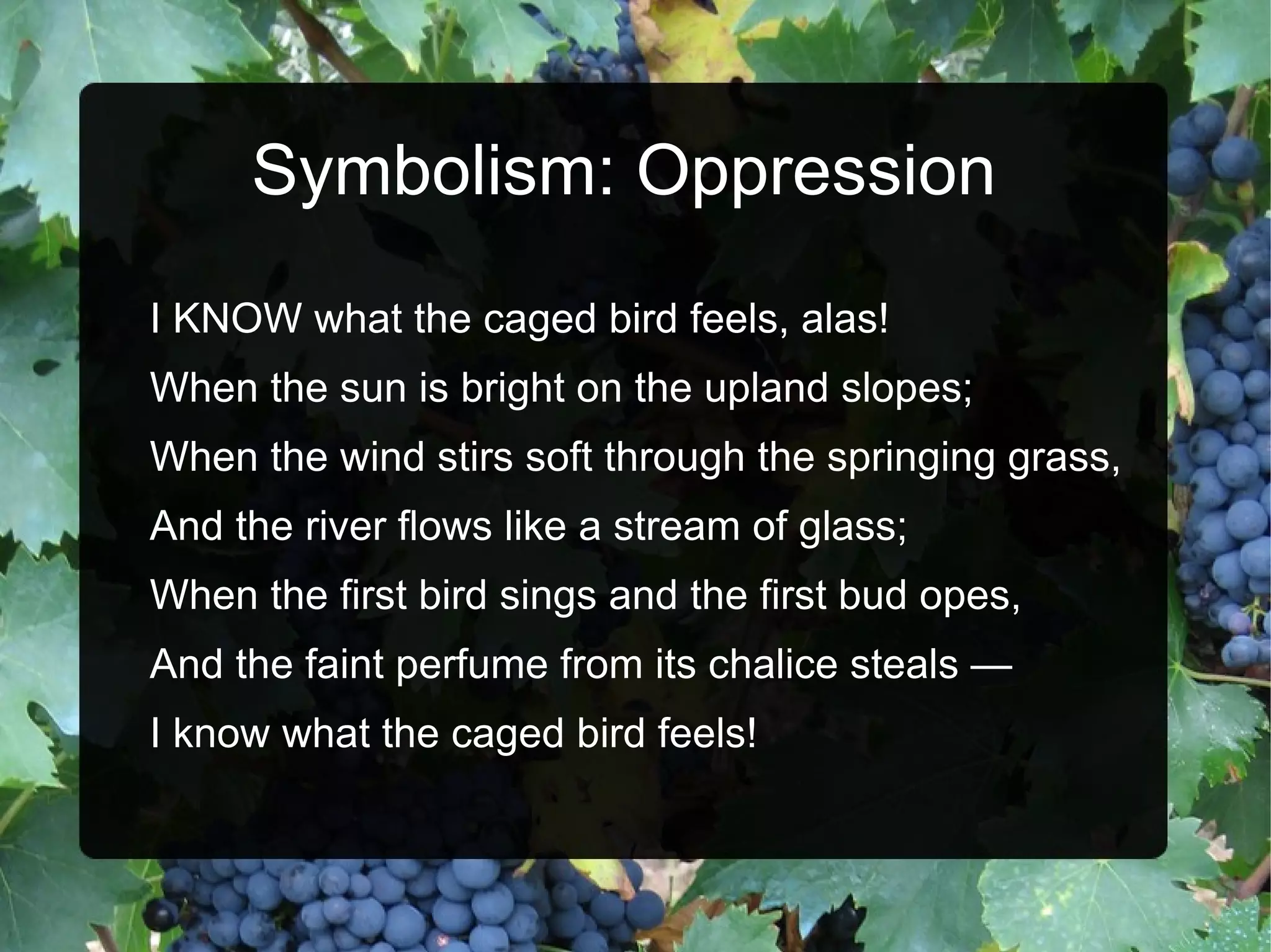 Symbolism: Oppression Why is the metaphor of a caged bird a good way to express the feelings being held down?