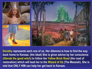 Dorothy  represents each one of us. Her dilemma is how to find the way back home to Kansas. (the ideal) She is given advic...