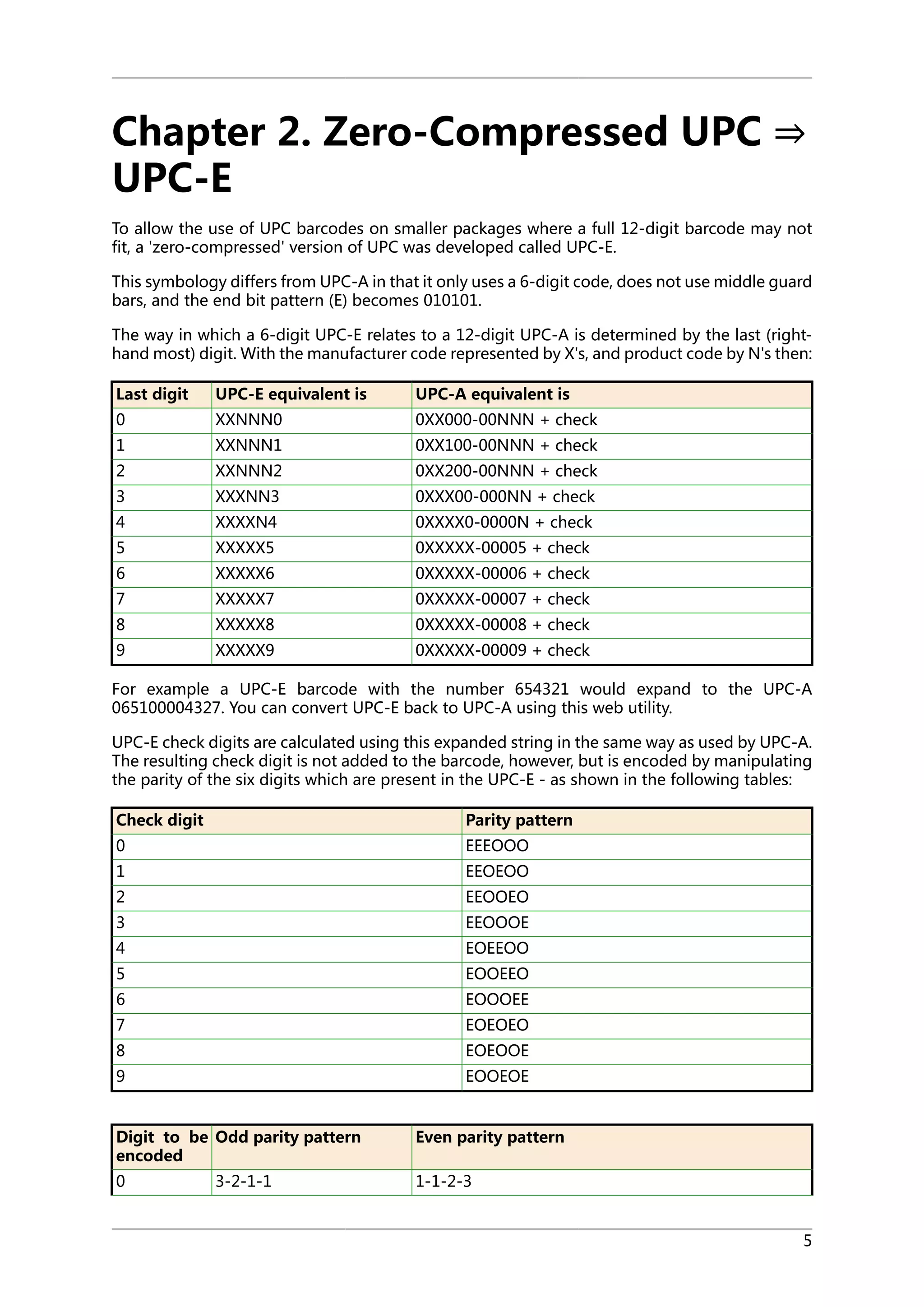 Chapter 2. Zero-Compressed UPC ⇒
UPC-E

To allow the use of UPC barcodes on smaller packages where a full 12-digit barcode may not
fit, a 'zero-compressed' version of UPC was developed called UPC-E.
This symbology differs from UPC-A in that it only uses a 6-digit code, does not use middle guard
bars, and the end bit pattern (E) becomes 010101.
The way in which a 6-digit UPC-E relates to a 12-digit UPC-A is determined by the last (righthand most) digit. With the manufacturer code represented by X's, and product code by N's then:
Last digit

UPC-E equivalent is

UPC-A equivalent is

0

XXNNN0

0XX000-00NNN + check

1

XXNNN1

0XX100-00NNN + check

2

XXNNN2

0XX200-00NNN + check

3

XXXNN3

0XXX00-000NN + check

4

XXXXN4

0XXXX0-0000N + check

5

XXXXX5

0XXXXX-00005 + check

6

XXXXX6

0XXXXX-00006 + check

7

XXXXX7

0XXXXX-00007 + check

8

XXXXX8

0XXXXX-00008 + check

9

XXXXX9

0XXXXX-00009 + check

For example a UPC-E barcode with the number 654321 would expand to the UPC-A
065100004327. You can convert UPC-E back to UPC-A using this web utility.
UPC-E check digits are calculated using this expanded string in the same way as used by UPC-A.
The resulting check digit is not added to the barcode, however, but is encoded by manipulating
the parity of the six digits which are present in the UPC-E - as shown in the following tables:
Check digit

Parity pattern

0

EEEOOO

1

EEOEOO

2

EEOOEO

3

EEOOOE

4

EOEEOO

5

EOOEEO

6

EOOOEE

7

EOEOEO

8

EOEOOE

9

EOOEOE

Digit to be Odd parity pattern
encoded

Even parity pattern

0

1-1-2-3

3-2-1-1

5

 