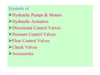 Symbols of  Hydraulic Pumps & Motors Hydraulic Actuators Directional Control Valves Pressure Control Valves Flow Control Valves Check Valves Accessories  