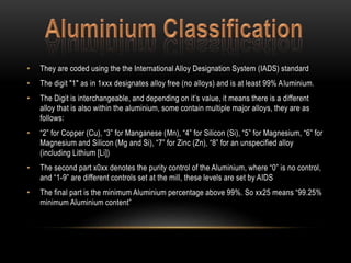 • They are coded using the the International Alloy Designation System (IADS) standard 
• The digit "1" as in 1xxx designates alloy free (no alloys) and is at least 99% Aluminium. 
• The Digit is interchangeable, and depending on it’s value, it means there is a different 
alloy that is also within the aluminium, some contain multiple major alloys, they are as 
follows: 
• “2” for Copper (Cu), “3” for Manganese (Mn), “4” for Silicon (Si), “5” for Magnesium, “6” for 
Magnesium and Silicon (Mg and Si), “7” for Zinc (Zn), “8” for an unspecified alloy 
(including Lithium [Li]) 
• The second part x0xx denotes the purity control of the Aluminium, where “0” is no control, 
and “1-9” are different controls set at the mill, these levels are set by AIDS 
• The final part is the minimum Aluminium percentage above 99%. So xx25 means “99.25% 
minimum Aluminium content” 
 