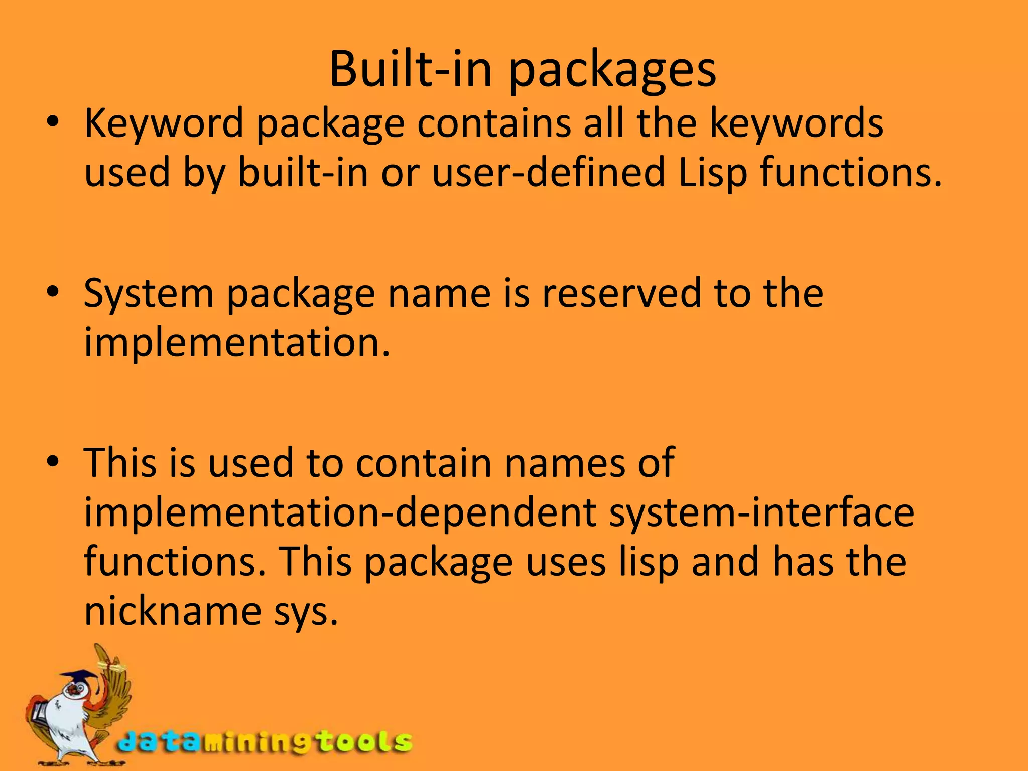 The function export takes the symbol that is accessible in some specified package, and makes it an external symbol of that package.If the symbol is directly present as an internal symbol, the it is imply changed to external status.If the symbol is accessible via use-package, the symbol is first imported to the package and then exported.If the same name is being used more than once name-conflicts may occur, so care has to be taken to avoid any such name conflicts.