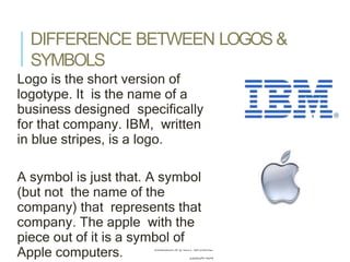 DIFFERENCE BETWEEN LOGOS &
SYMBOLS
COPYRIGHT © 2013 PEARSON
EDUCATION
Logo is the short version of
logotype. It is the name of a
business designed specifically
for that company. IBM, written
in blue stripes, is a logo.
A symbol is just that. A symbol
(but not the name of the
company) that represents that
company. The apple with the
piece out of it is a symbol of
Apple computers.
 