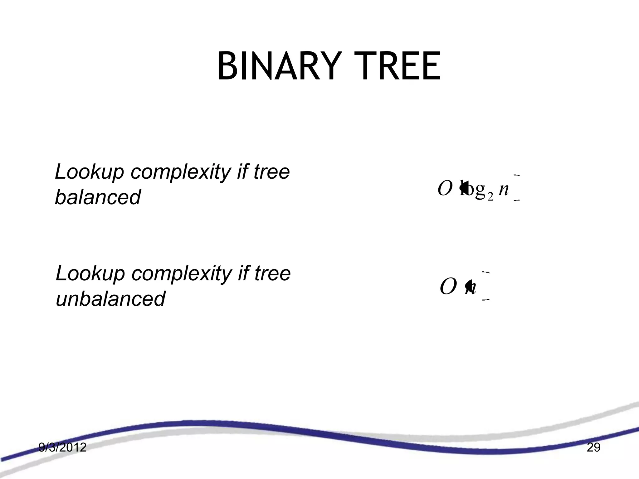 BINARY TREE

  Lookup complexity if tree
  balanced                    O log 2 n


  Lookup complexity if tree
  unbalanced
                              On




9/3/2012                                  29
 
