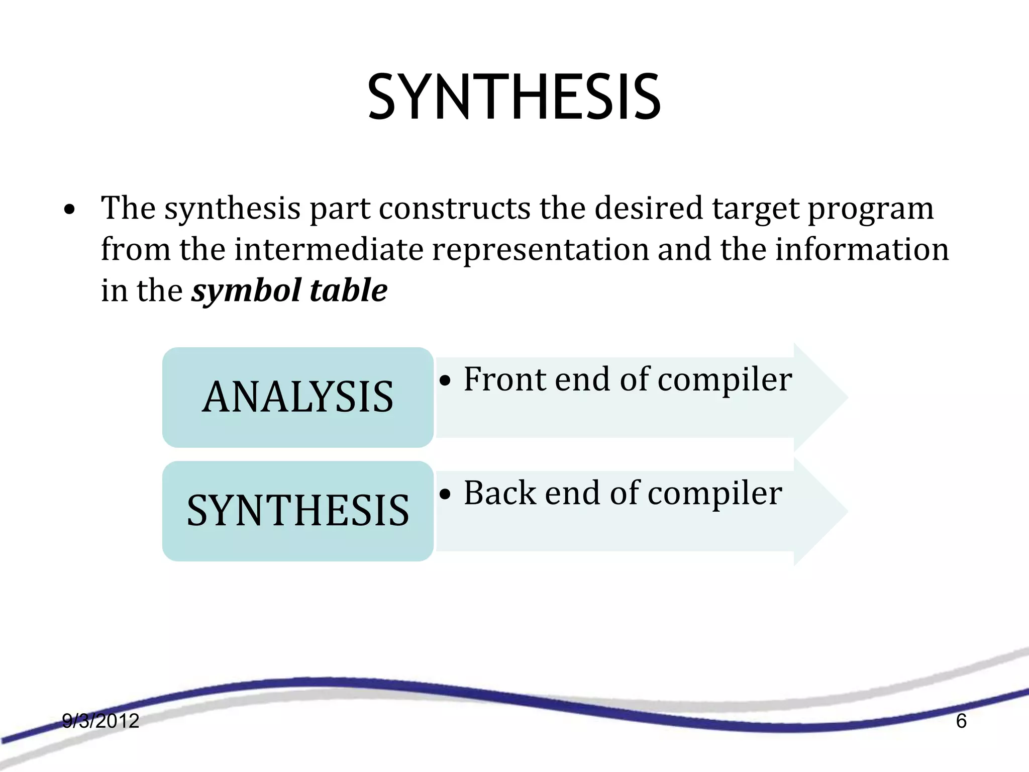 SYNTHESIS
• The synthesis part constructs the desired target program
  from the intermediate representation and the information
  in the symbol table

                        • Front end of compiler
           ANALYSIS

                        • Back end of compiler
           SYNTHESIS



9/3/2012                                                     6
 