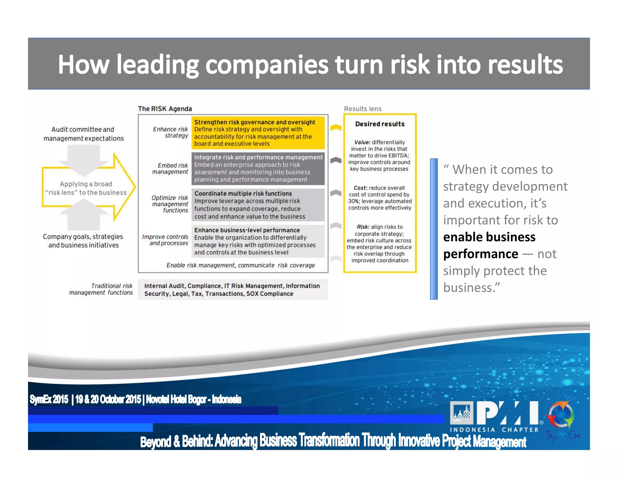 “ When it comes to
strategy development
and execution, it’s
important for risk to
enable business
performance — not
simply protect the
business.”
 