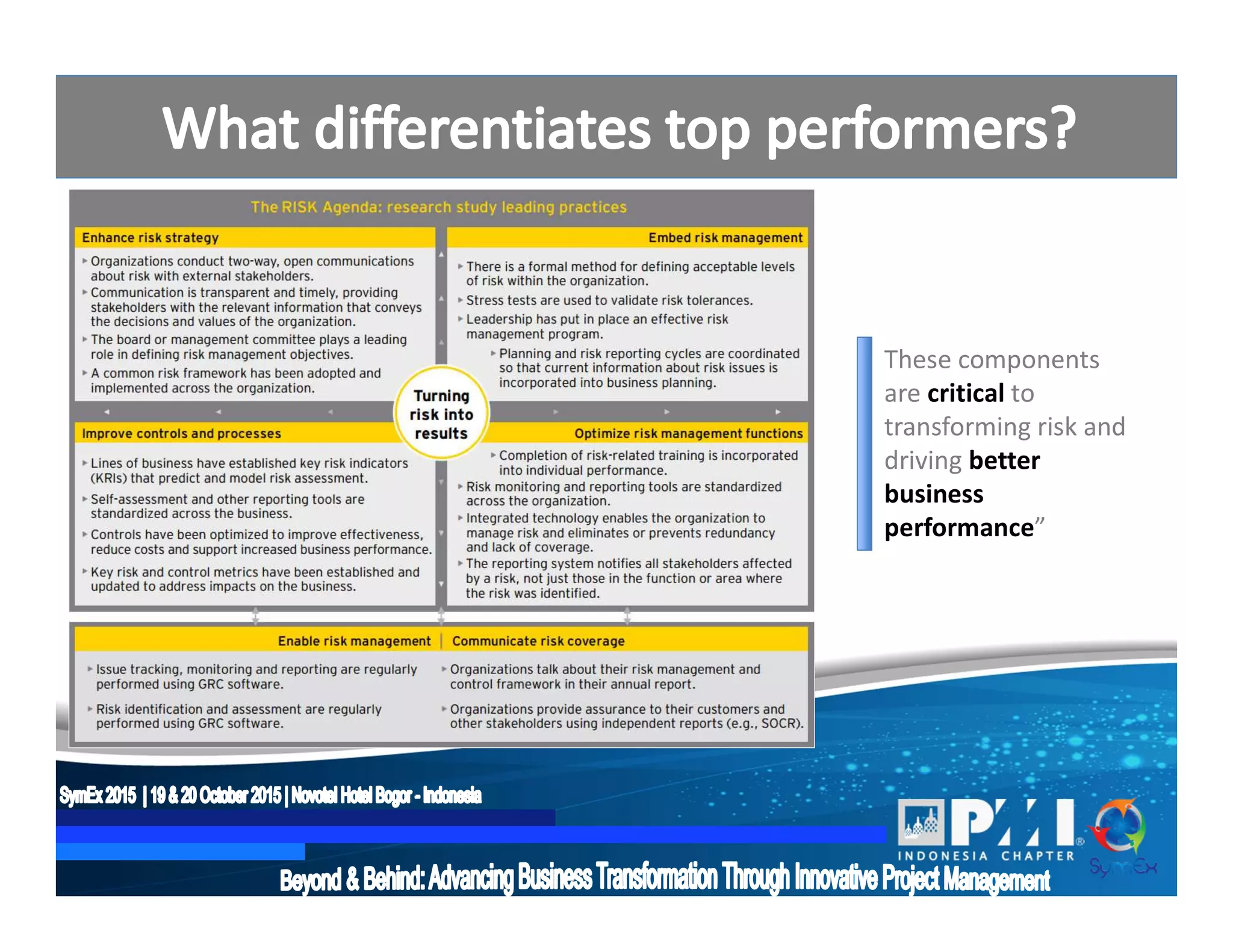 These components
are critical to
transforming risk and
driving better
business
performance”
 