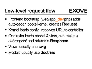 Low-level request flow
 Frontend bootstrap (web/app_dev.php) adds
autoloader, boots kernel, creates Request
 Kernel loads config, resolves URLto controller
 Controller loads model & view, can make a
subrequest and returns a Response
 Views usually use twig
 Models usually use doctrine
 