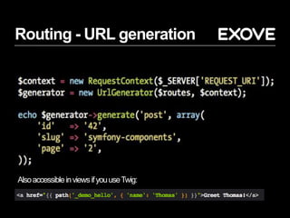 Routing - URL generation
AlsoaccessibleinviewsifyouuseTwig:
 