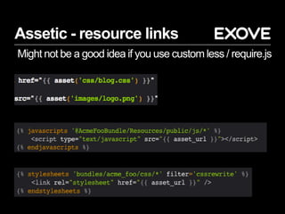 Assetic - resource links
Might not be a good idea if you use custom less / require.js
 