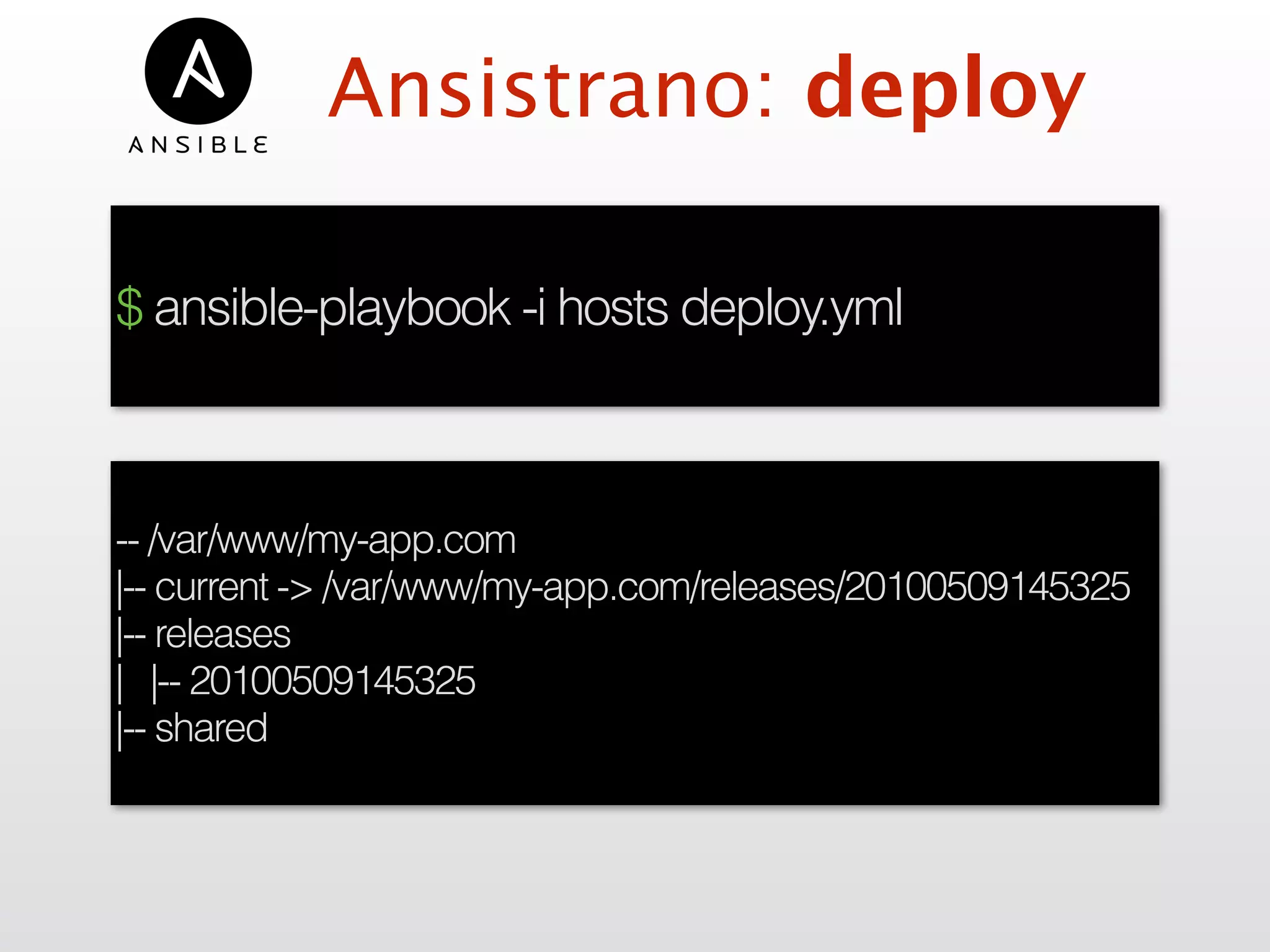 Ansistrano: deploy
$ ansible-playbook -i hosts deploy.yml
-- /var/www/my-app.com
|-- current -> /var/www/my-app.com/releases/20100509145325
|-- releases
| |-- 20100509145325
|-- shared
 