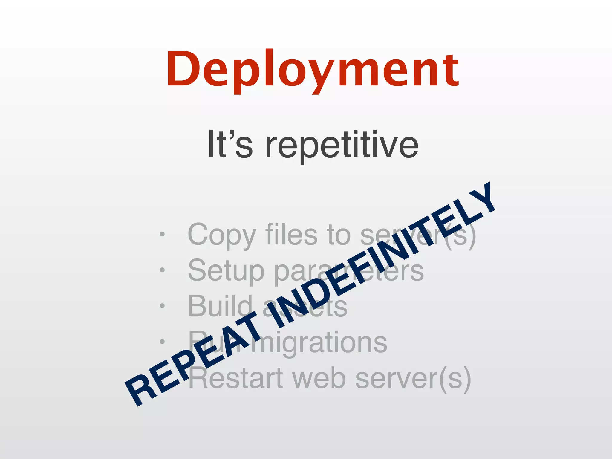 It’s repetitive
Deployment
• Copy ﬁles to server(s)
• Setup parameters
• Build assets
• Run migrations
• Restart web server(s)
REPEAT INDEFINITELY
 