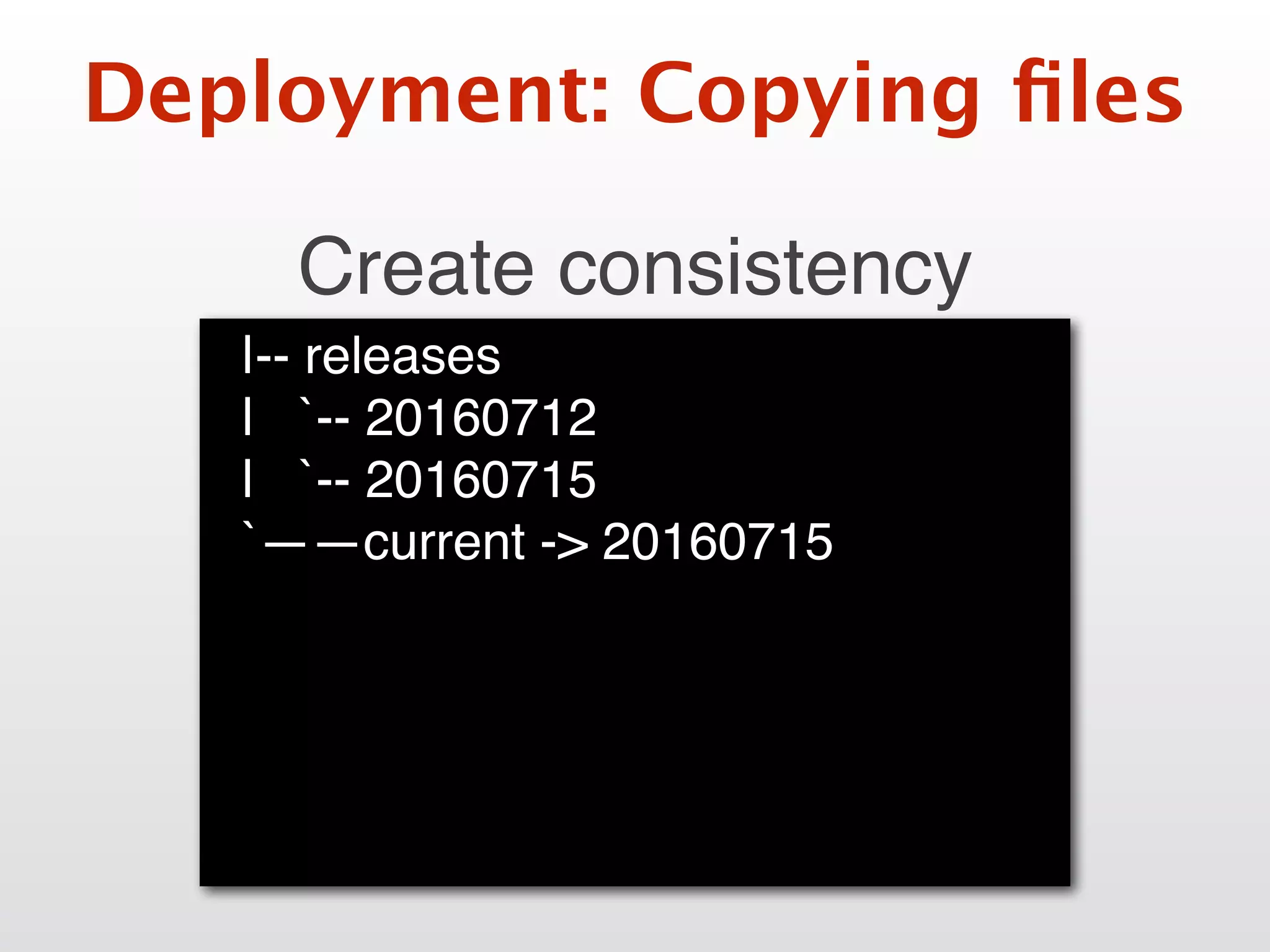 Deployment: Copying ﬁles
Create consistency
|-- releases
| `-- 20160712
| `-- 20160715
`——current -> 20160715
 