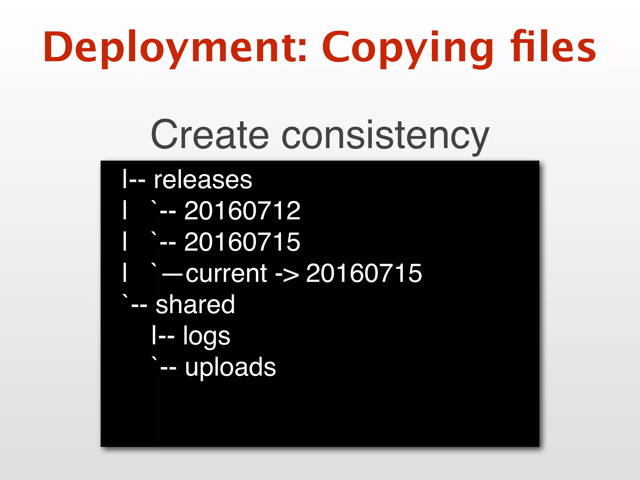 Deployment: Copying ﬁles
Create consistency
|-- releases
| `-- 20160712
| `-- 20160715
| `—current -> 20160715
`-- shared
|-- logs
`-- uploads
 