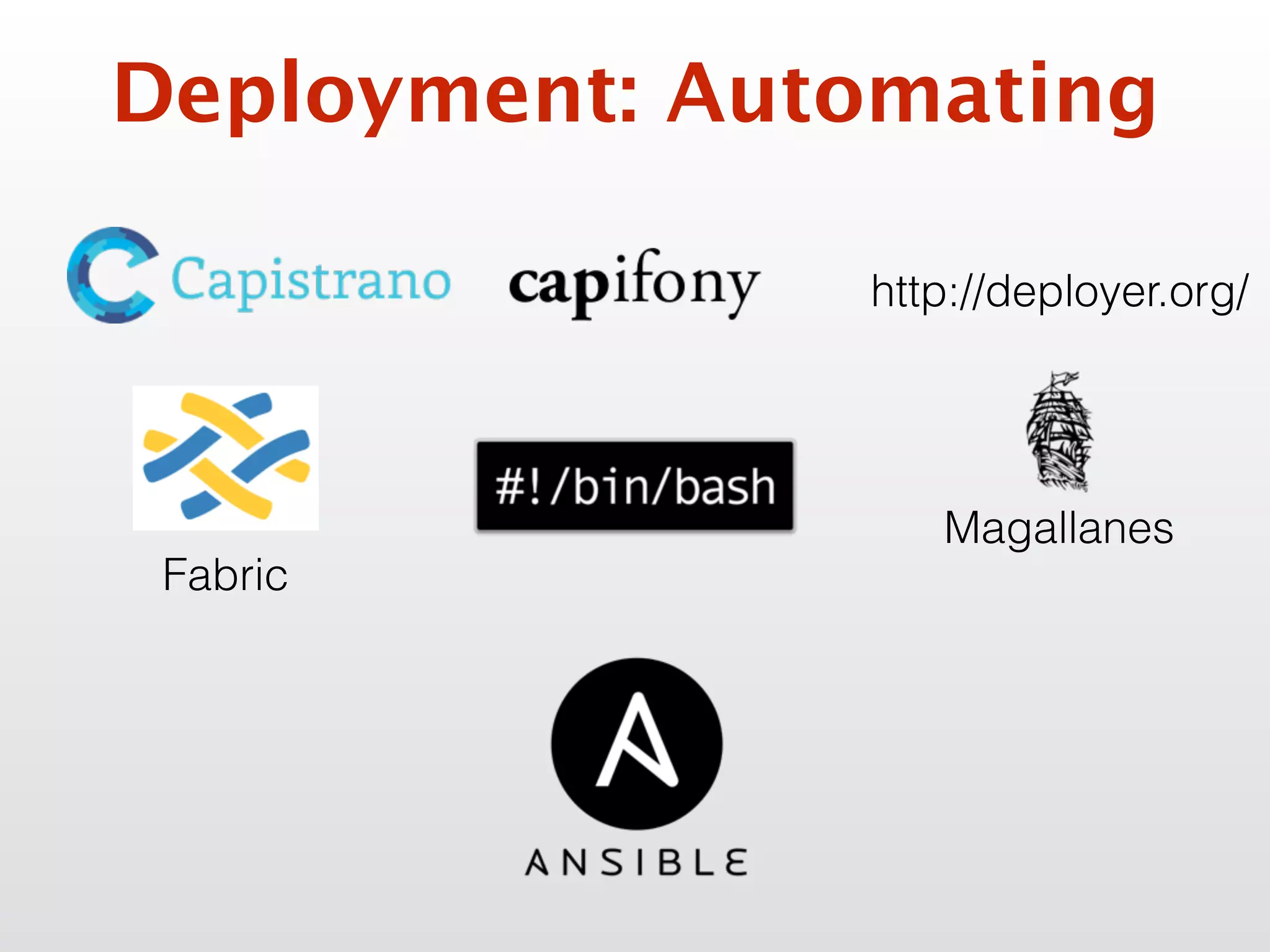 Deployment: Automating
Fabric
http://deployer.org/
Magallanes
 