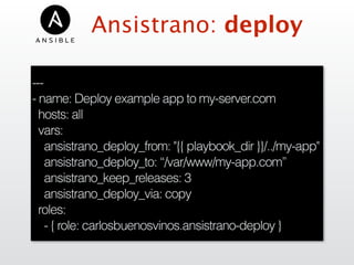 Ansistrano: deploy
---
- name: Deploy example app to my-server.com
hosts: all
vars:
ansistrano_deploy_from: "{{ playbook_dir }}/../my-app"
ansistrano_deploy_to: “/var/www/my-app.com”
ansistrano_keep_releases: 3
ansistrano_deploy_via: copy
roles:
- { role: carlosbuenosvinos.ansistrano-deploy }
 