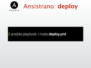 Ansistrano: deploy
$ ansible-playbook -i hosts deploy.yml
 