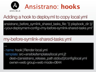 Ansistrano: hooks
---
- name: hook | Render local.yml
template: src=ansible/templates/local.yml.j2
dest={{ansistrano_release_path.stdout}}/config/local.yml
owner=web group=web mode=0644
my-before-symlink-shared-tasks.yml
ansistrano_before_symlink_shared_tasks_file: "{{ playbook_dir }}/
<your-deployment-config>/my-before-symlink-shared-tasks.yml"
Adding a hook to deploy.ml to copy local.yml
 