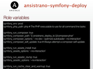 ansistrano-symfony-deploy
symfony_env: prod
symfony_php_path: php # The PHP executable to use for all command line tasks
symfony_run_composer: true
symfony_composer_path: "{{ ansistrano_deploy_to }}/composer.phar"
symfony_composer_options: '--no-dev --optimize-autoloader --no-interaction'
symfony_composer_self_update: true # Always attempt a composer self-update
symfony_run_assets_install: true
symfony_assets_options: '--no-interaction'
symfony_run_assetic_dump: true
symfony_assetic_options: '--no-interaction'
symfony_run_cache_clear_and_warmup: true
Role variables
 