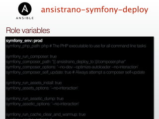ansistrano-symfony-deploy
symfony_env: prod
symfony_php_path: php # The PHP executable to use for all command line tasks
symfony_run_composer: true
symfony_composer_path: "{{ ansistrano_deploy_to }}/composer.phar"
symfony_composer_options: '--no-dev --optimize-autoloader --no-interaction'
symfony_composer_self_update: true # Always attempt a composer self-update
symfony_run_assets_install: true
symfony_assets_options: '--no-interaction'
symfony_run_assetic_dump: true
symfony_assetic_options: '--no-interaction'
symfony_run_cache_clear_and_warmup: true
Role variables
 