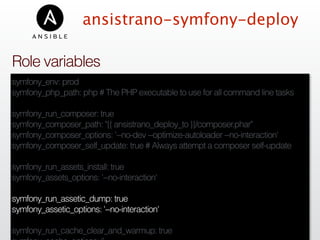 ansistrano-symfony-deploy
symfony_env: prod
symfony_php_path: php # The PHP executable to use for all command line tasks
symfony_run_composer: true
symfony_composer_path: "{{ ansistrano_deploy_to }}/composer.phar"
symfony_composer_options: '--no-dev --optimize-autoloader --no-interaction'
symfony_composer_self_update: true # Always attempt a composer self-update
symfony_run_assets_install: true
symfony_assets_options: '--no-interaction'
symfony_run_assetic_dump: true
symfony_assetic_options: '--no-interaction'
symfony_run_cache_clear_and_warmup: true
Role variables
 