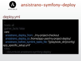 ansistrano-symfony-deploy
---
- hosts: all
gather_facts: false
vars:
ansistrano_deploy_from: ../my-project-checkout
ansistrano_deploy_to: /home/app-user/my-project-deploy/
ansistrano_before_symlink_tasks_file: "{{playbook_dir}}/config/
app_specific_setup.yml"
roles:
- cbrunnkvist.ansistrano-symfony-deploy
deploy.yml
 