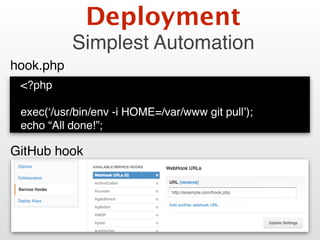 <?php
exec(‘/usr/bin/env -i HOME=/var/www git pull’);
echo “All done!”;
hook.php
GitHub hook
Deployment
Simplest Automation
 