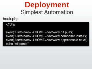 <?php
exec(‘/usr/bin/env -i HOME=/var/www git pull’);
exec(‘/usr/bin/env -i HOME=/var/www composer install’);
exec(‘/usr/bin/env -i HOME=/var/www app/console ca:cl’);
echo “All done!”;
hook.php
Deployment
Simplest Automation
 