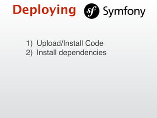 Deploying
1) Upload/Install Code
2) Install dependencies
 